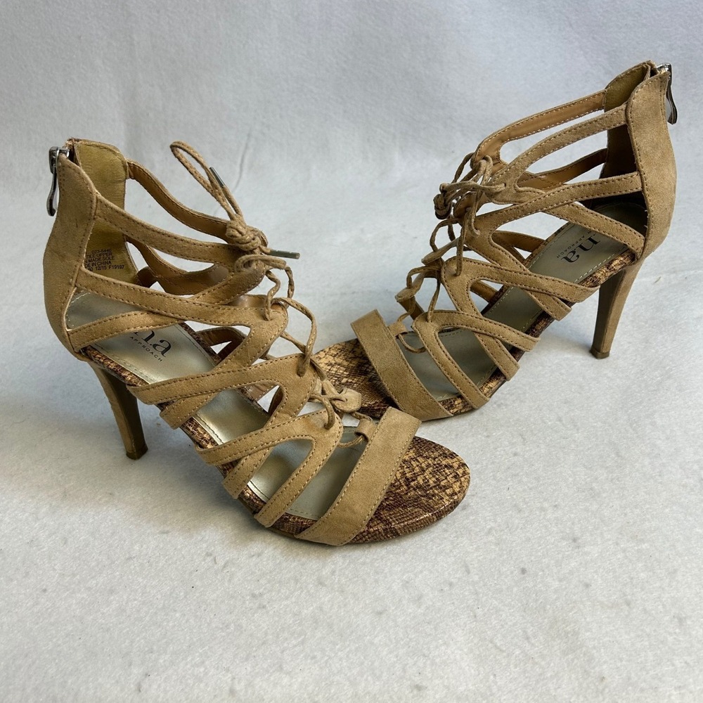 Boho Chic a.n.a Women 7.5M Tan Strappy Snakeskin Gladiator Lace Up Stiletto Heel